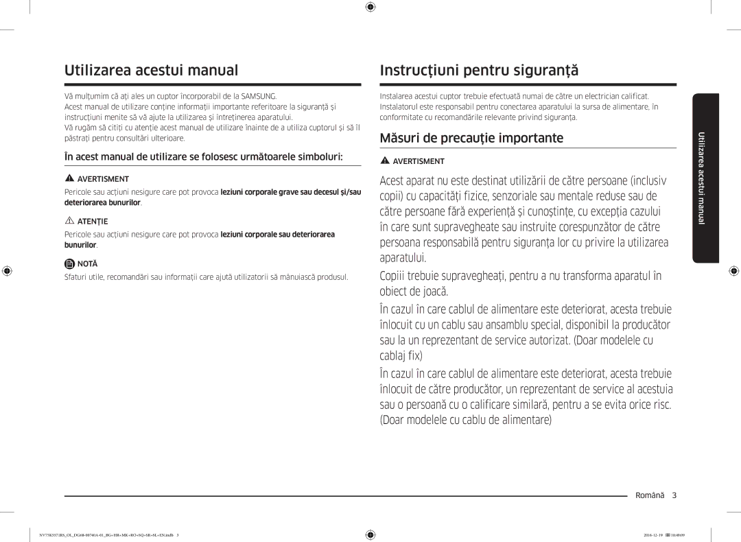 Samsung NV75K5571RS/OL, NV75K5571RS/EG Utilizarea acestui manual, Instrucţiuni pentru siguranţă, Română  